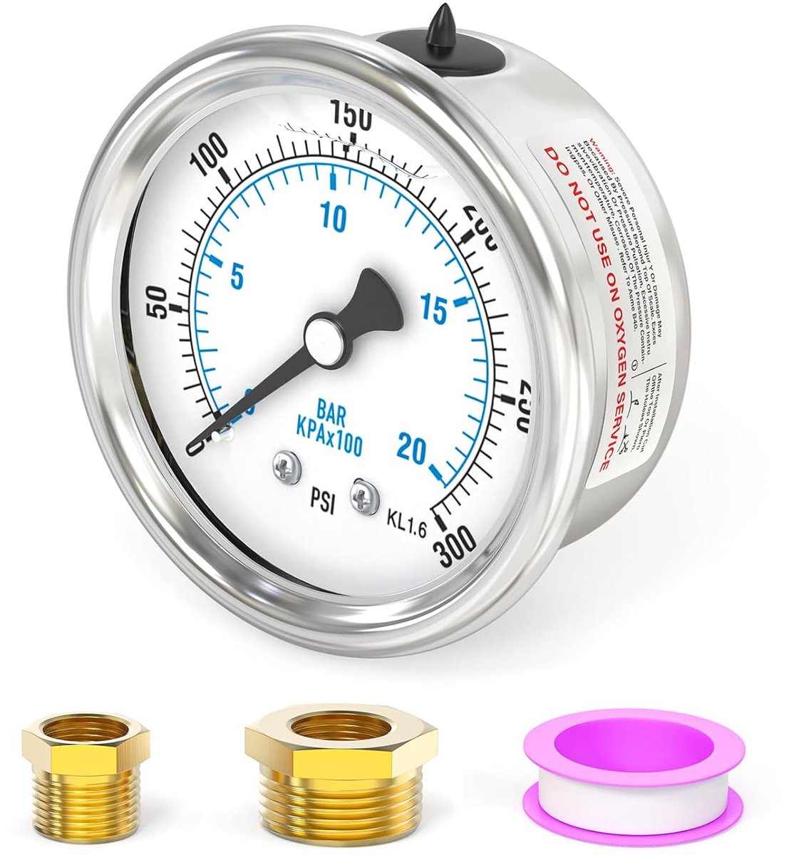 0-20 bar/0-300 psi roestvrij staal 1/8" BSP 2,5" wijzerplaat vloeistofgevulde manometer, achterste montage met 3/8" x 1/8" en 1/4" x 1/8" messing zeskantbus WOG water olie lucht