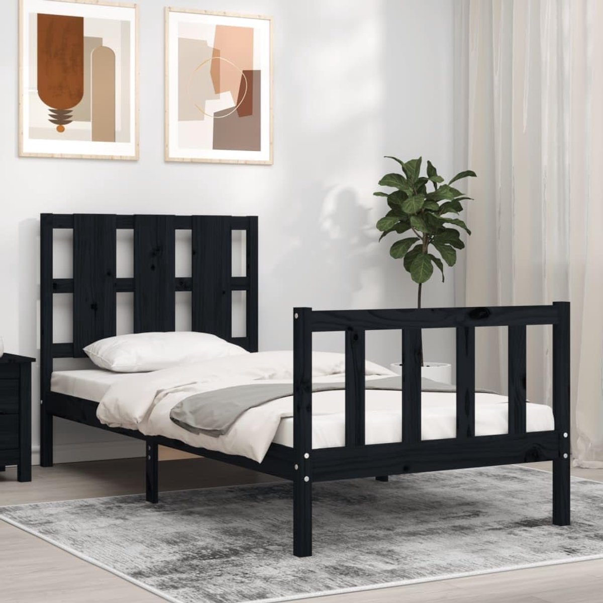 Tweepersoonsbed, massief houten bed met hoofdeinde, zwart, 2FT6 Small Single geschikt voor familiekamers