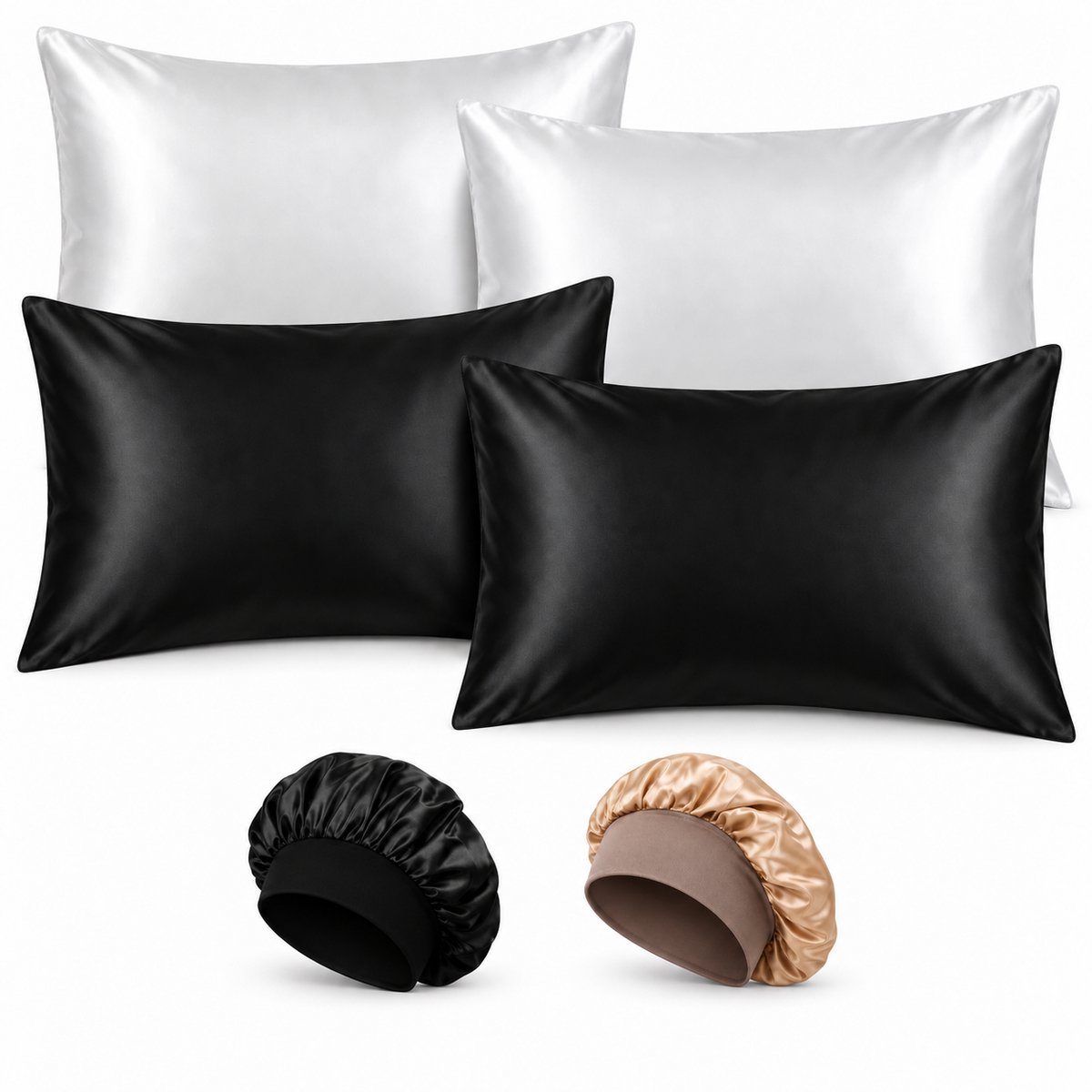 Professor Q Slaapset Duo - 4 Satijnen Kussenslopen 60 x 70 cm Wit en Zwart - 2 Bonnets Zwart en Goud