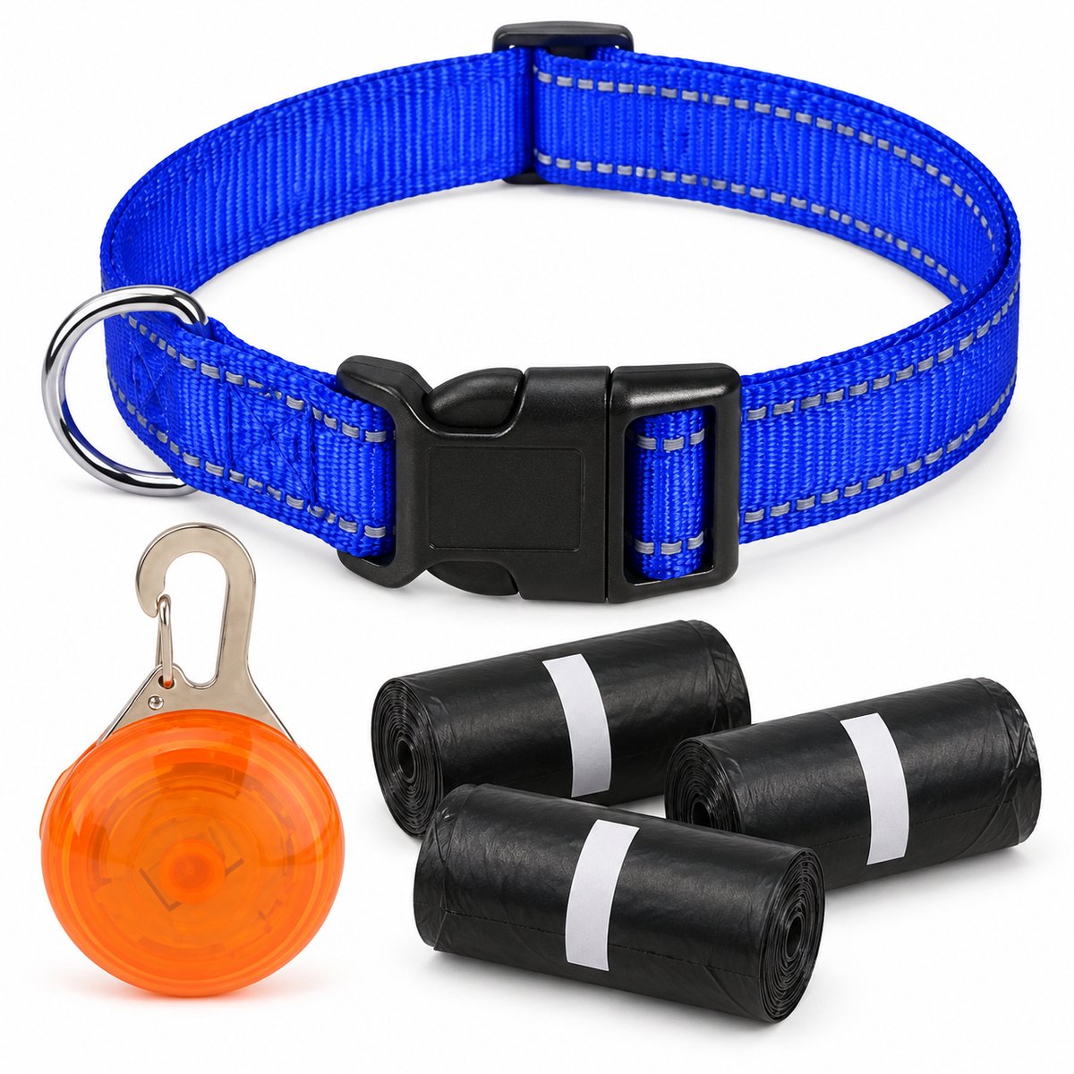 Professor Q Wandelset Hond - Reflecterende Halsband Donkerblauw S 30-40 cm - LED-Lampje Oranje - 45 Poepzakjes