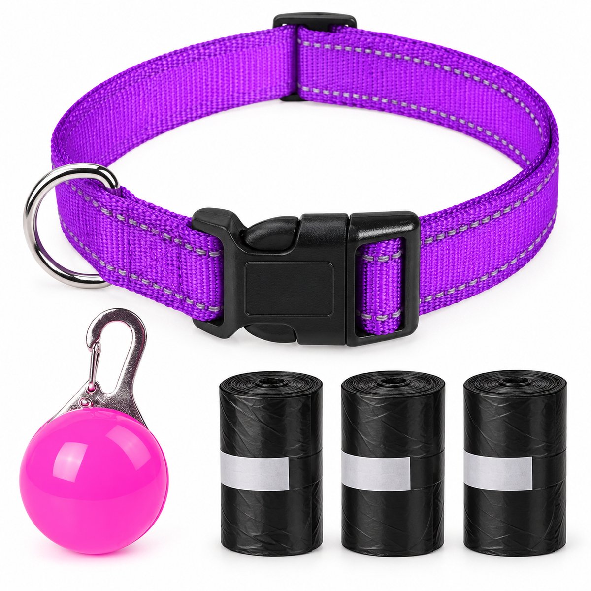 Professor Q Wandelset Hond - Reflecterende Halsband Paars S 30-40 cm - LED-Lampje Roze - 45 Poepzakjes