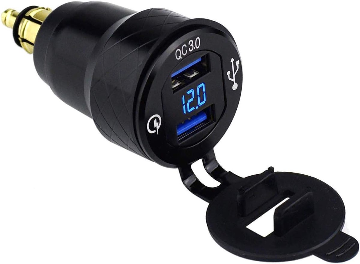 Powerlet stekker naar Dual Quick Charge 3.0 USB-oplaadadapter met voltmeter voor motorfiets (blauw)