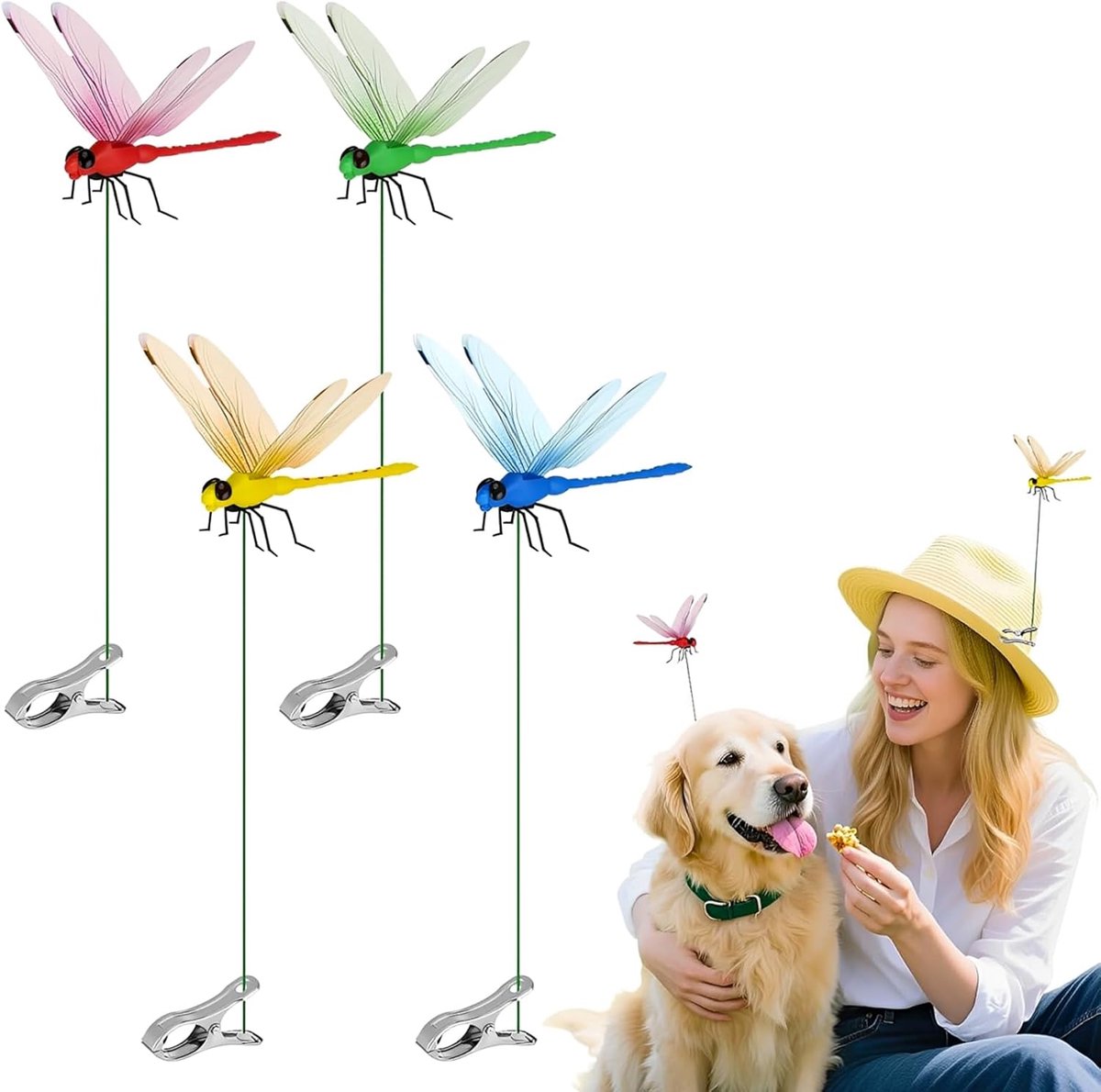 4 stuks libellenpalen voor de tuin, creatieve 3D-libeldecoraties, hoed, clip voor het afweren van insecten, kleurrijke libelornamenten op pvc-staven, voor decoratie van planten
