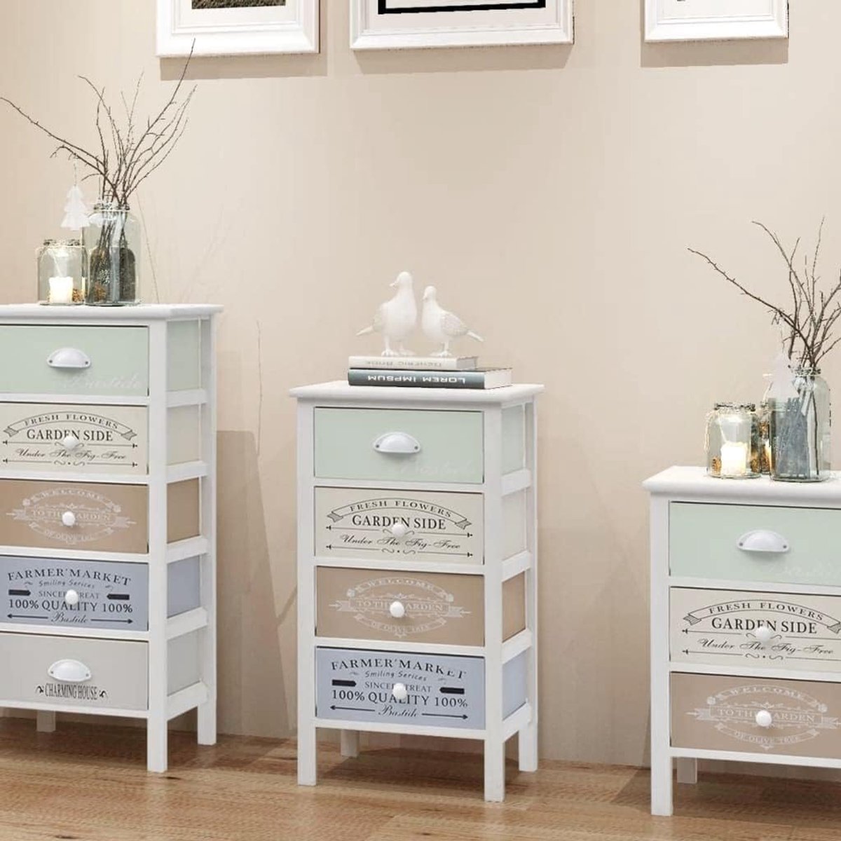 Commode met 4 laden in Franse landhuisstijl, houten bijzetkast voor hal en slaapkamer, compacte ladekast, 38 x 28 x 72 cm