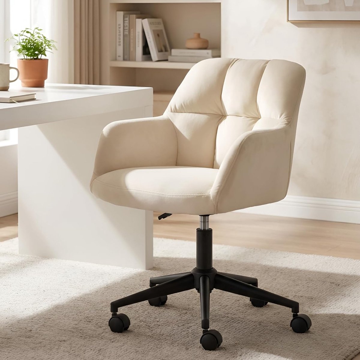 Fluwelen thuiskantoorstoel Modern draaibare bureaustoel met verstelbare hoogte, make-uptafelstoel voor slaapkamer, Beige