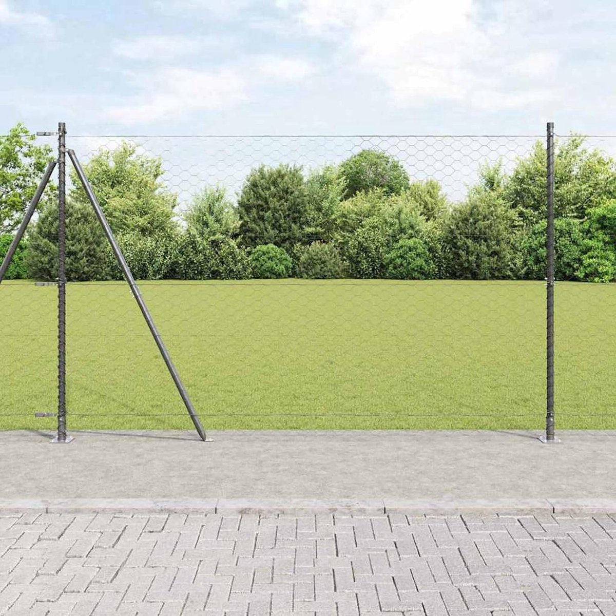 Zeshoekig hek grijs 1,4 x 25 m staal, hekpalen met bodemplaten 13 stuks Ø 32 mm 78,5 cm verzinkt staal, tuinhekken draadomheining voor hekken, groentebedden, weideperstuk 3353668