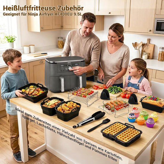 Accessoires voor Airfryer Foodi Max Dual Zone AF400EU 9,5 l, opvouwbare siliconen vorm, accessoires set, herbruikbare ovenschaal, inzetstuk voor Airfryer AF400EU / DZ400EU — afbeelding 2