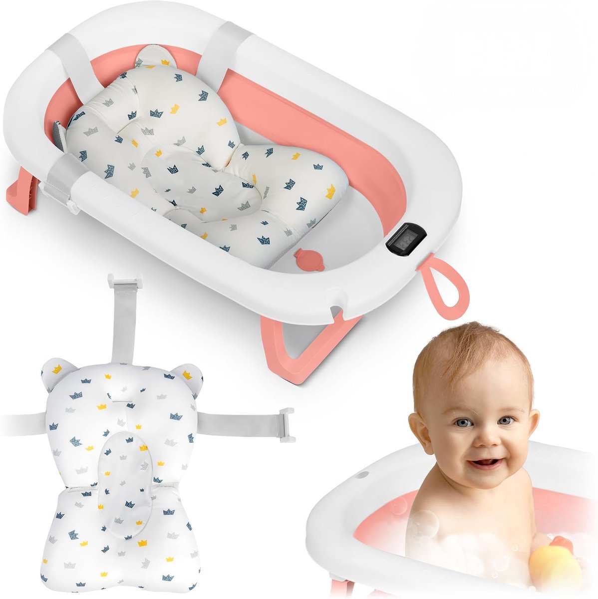 Babybadje met Thermometer en Kussen - Opvouwbaar Licht en Antislip - Wit-Roze