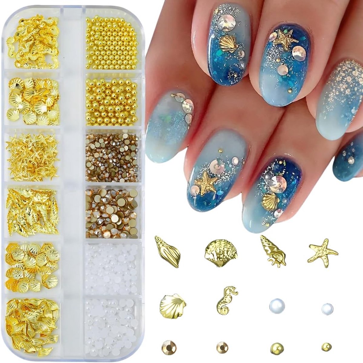 1 doos 3D-nagelbedel, goudkleurig, strass-parels, nagelkunstbedels, metalen nagelbedels, nagelaccessoires, voor doe-het-zelf sieradendecoratie, nageldecoraties
