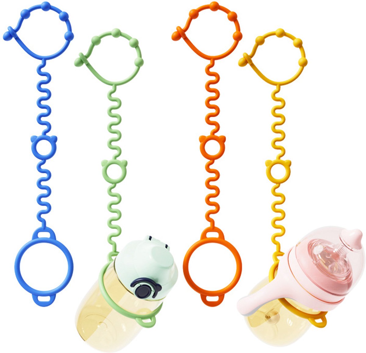 Verstelbare bandjes - 4 stuks - Ketting - Koord - Silicone - Rekbare veiligheidsriempjes voor speelgoed - 33.4cm - Aan de kinderwagen - Kinderstoel - Autostoel - Anti weggooi - Blauw, oranje, geel, groen