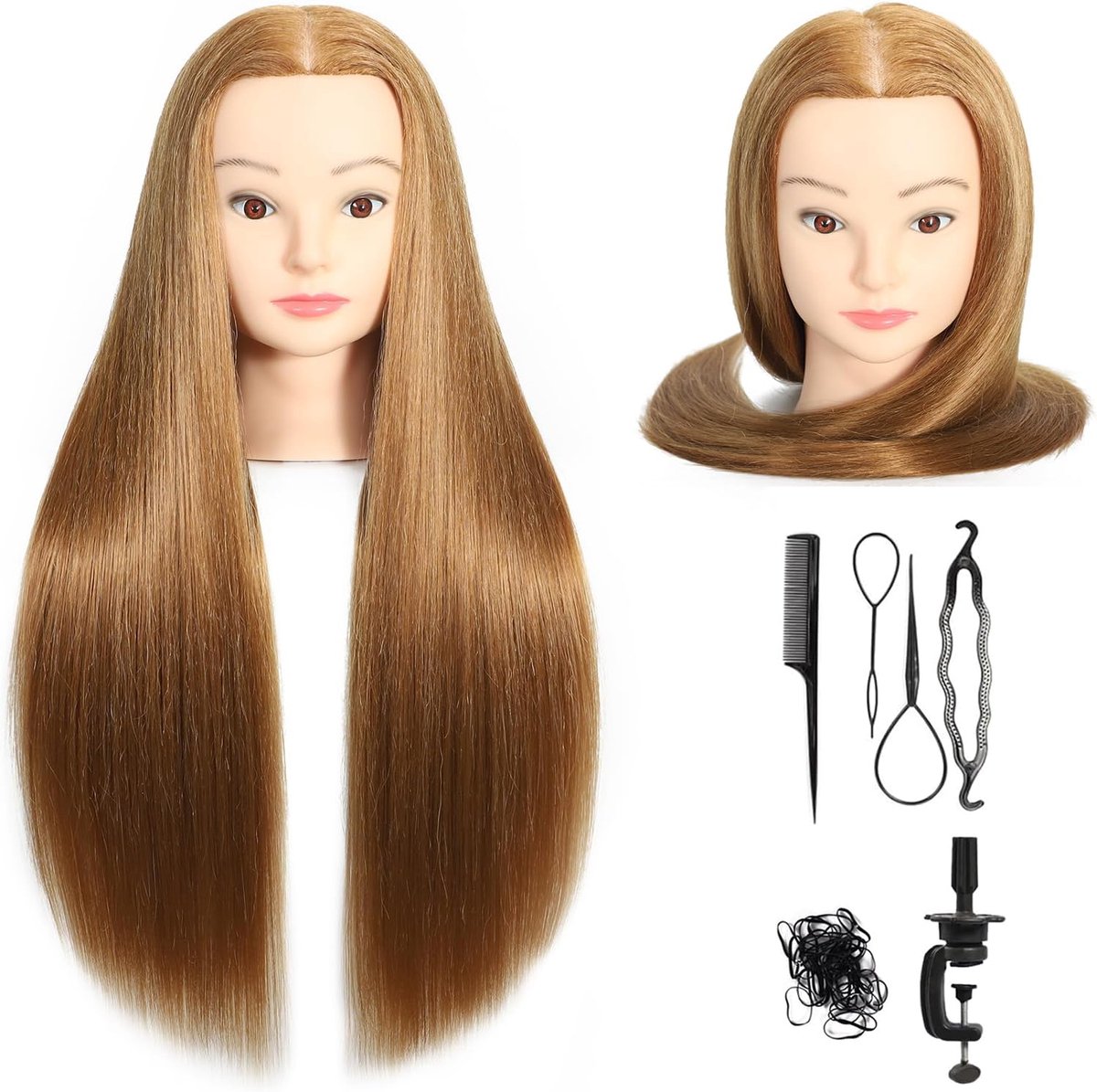 30% Echt Haar 56-61 cm Trainingshoofd Cosmetologie Mannequinpophoofd Oefenhoofd voor Kapper Met Gratis Tafelklem (#27)