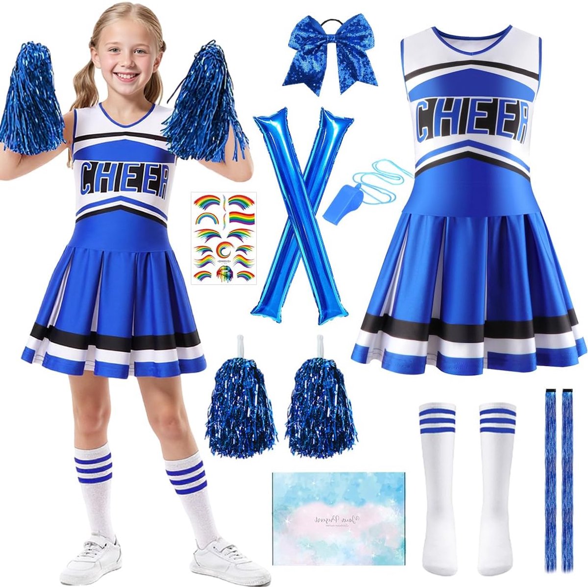 Cheerleaderkostuum voor kinderen, cheerleaderkostuum voor meisjes, cheerleadering-outfit voor meisjes met pompons, haarbanden, cheerleading-kostuums voor Halloween, carnaval