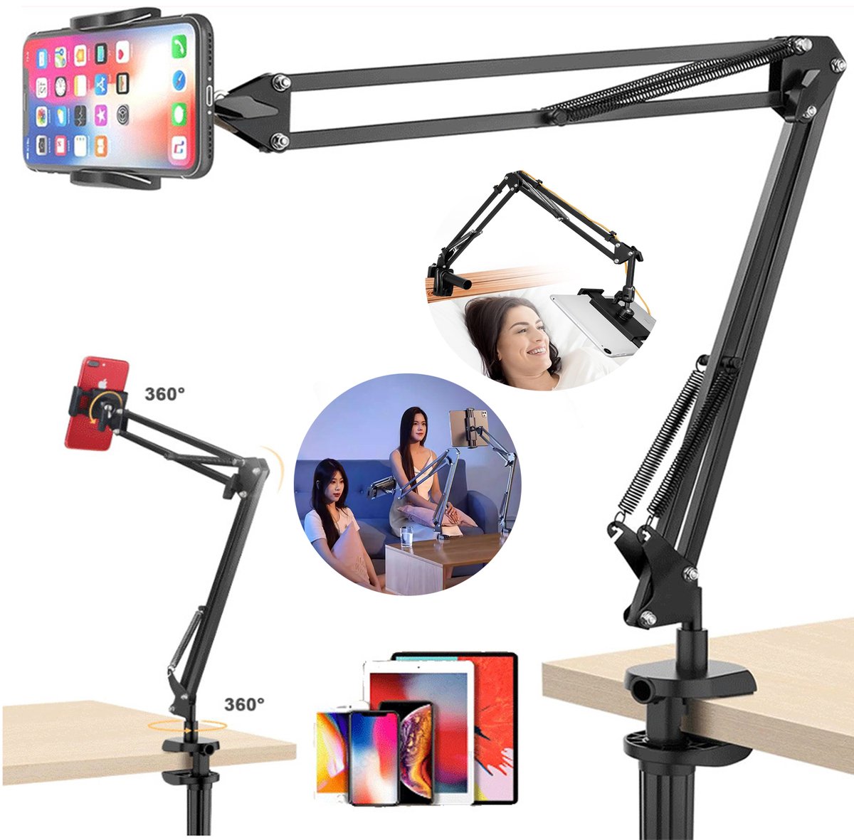 Mobiele Telefoonhouder, Tablet- en Telefoonhouder Voor in Bed, Flexibele, 360° Draaibare Lange Arm, Overheadstatief.