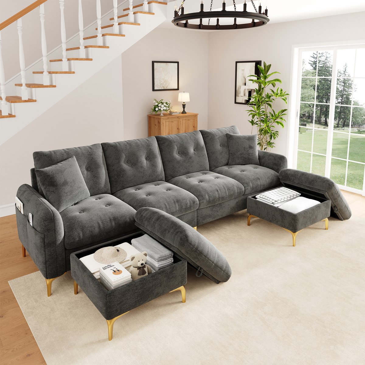 Moderne Hoekbank, U-Bank, 4-Zits Bank, 4-zits U-vormige modulaire slaapbank met 2 opbergkrukken en 2 sierkussens, totale afmetingen 263×137×85 cm, Grijs