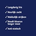 Blauwe achtergrond met witte vinkjes en tekst: 'Langdurig fris, Heerlijk zacht, Makkelijk strijken, Houdt kleuren langer mooi, Anti-statisch'.