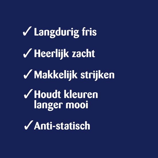 Blauwe achtergrond met witte vinkjes en tekst: 'Langdurig fris, Heerlijk zacht, Makkelijk strijken, Houdt kleuren langer mooi, Anti-statisch'.