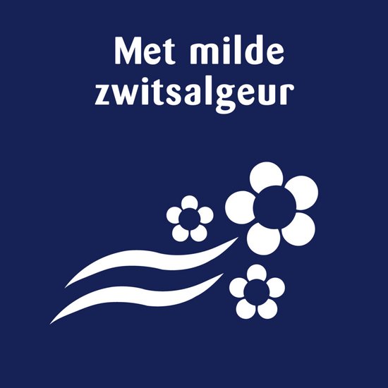 Blauwe achtergrond met witte tekst 'Met milde zwitsalgeur' en bloemen.