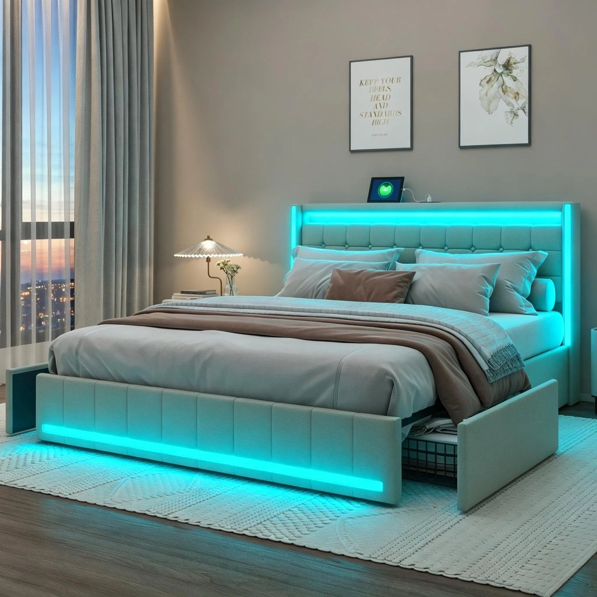 MEXUS Gestoffeerd Bed 160x200 cm met LED-verlichting, USB-poorten en Opbergruimte - Tweepersoonsbed met 4 Laden en Lattenbodem - Linnen beige - zonder matras