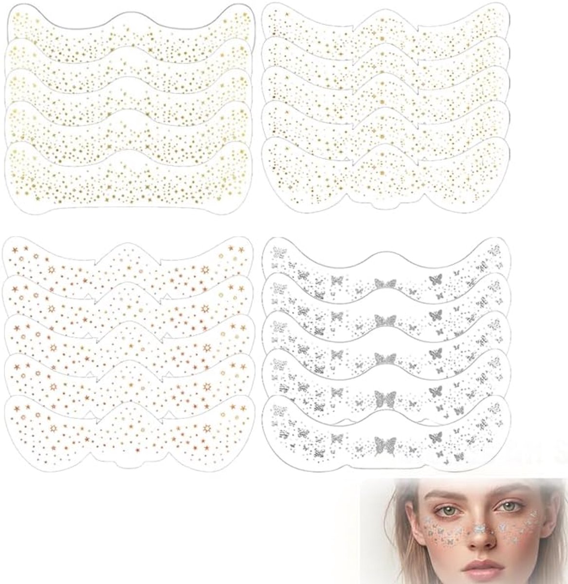 Tijdelijke Tattoos 20 Stuks, Gouden Gezichtstattoos in 4 Stijlen, Metallic Gezichtsglitter Stickers voor Vrouwen en Meisjes voor Festival en Concerten