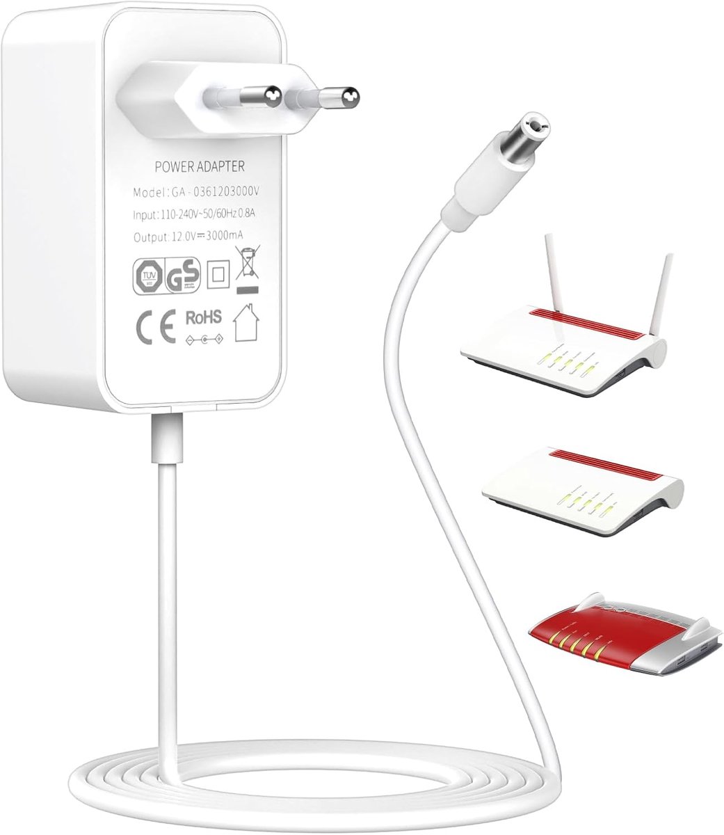 12V 3A voeding oplader compatibel met AVM Fritz!Box 7590, 7560, 7540, 7530, 7510, 7490, 7430 7390, 6690, 6490, 5590, 5530 WLAN-router en Telekom Speedport Smart stekkervoeding, DC maat 5,5 * 2,5 mm