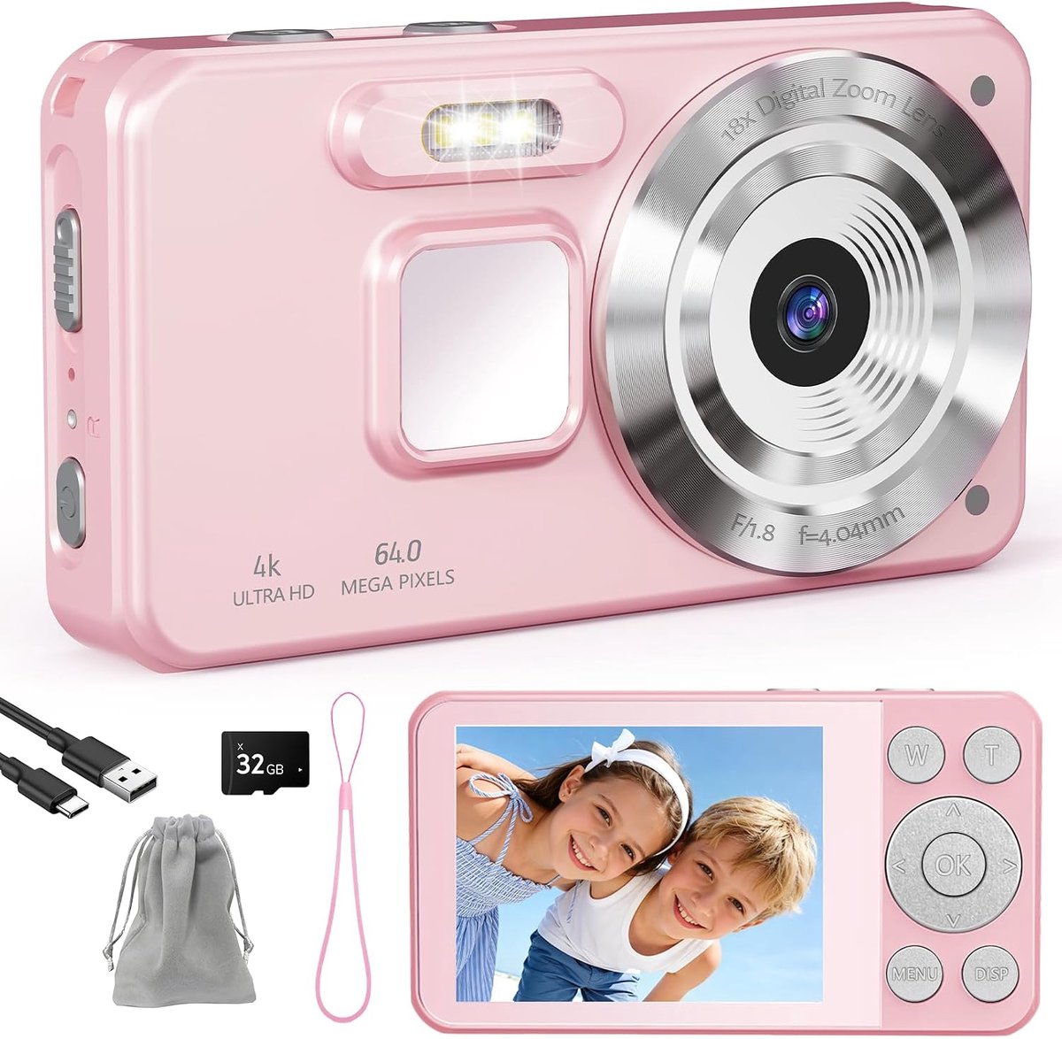 Camera, 4K fotocamera, 64 MP camera, draagbare compacte camera met 2,8 inch lcd-scherm, 18x digitale zoom, 32 GB SD-kaart, 1 sleutelkoord voor kinderen, tieners en beginners