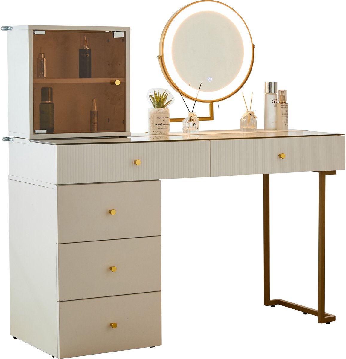 Kaptafel Met Spiegel - Make-uptafel Met Kast En Glazen Tafelblad - LED-verlichting Met Drie Lichtkleuren - Voor Slaapkamer - Wit Met Gouden Rand