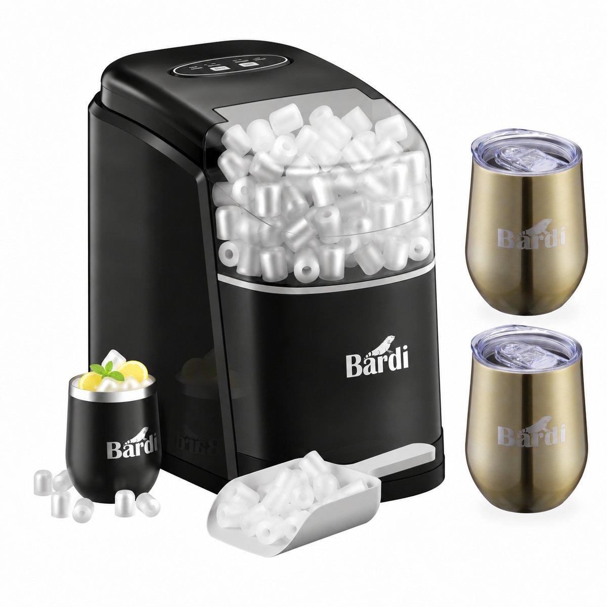 Bardi IJsblokjesmachine Set - 1.6L Zwart - Zelfreinigingsfunctie - IJsblokmaker met IJsschep -met IJsschep - Inclusief Luxe 3 Thermosbekers en Ijsschep- Goud