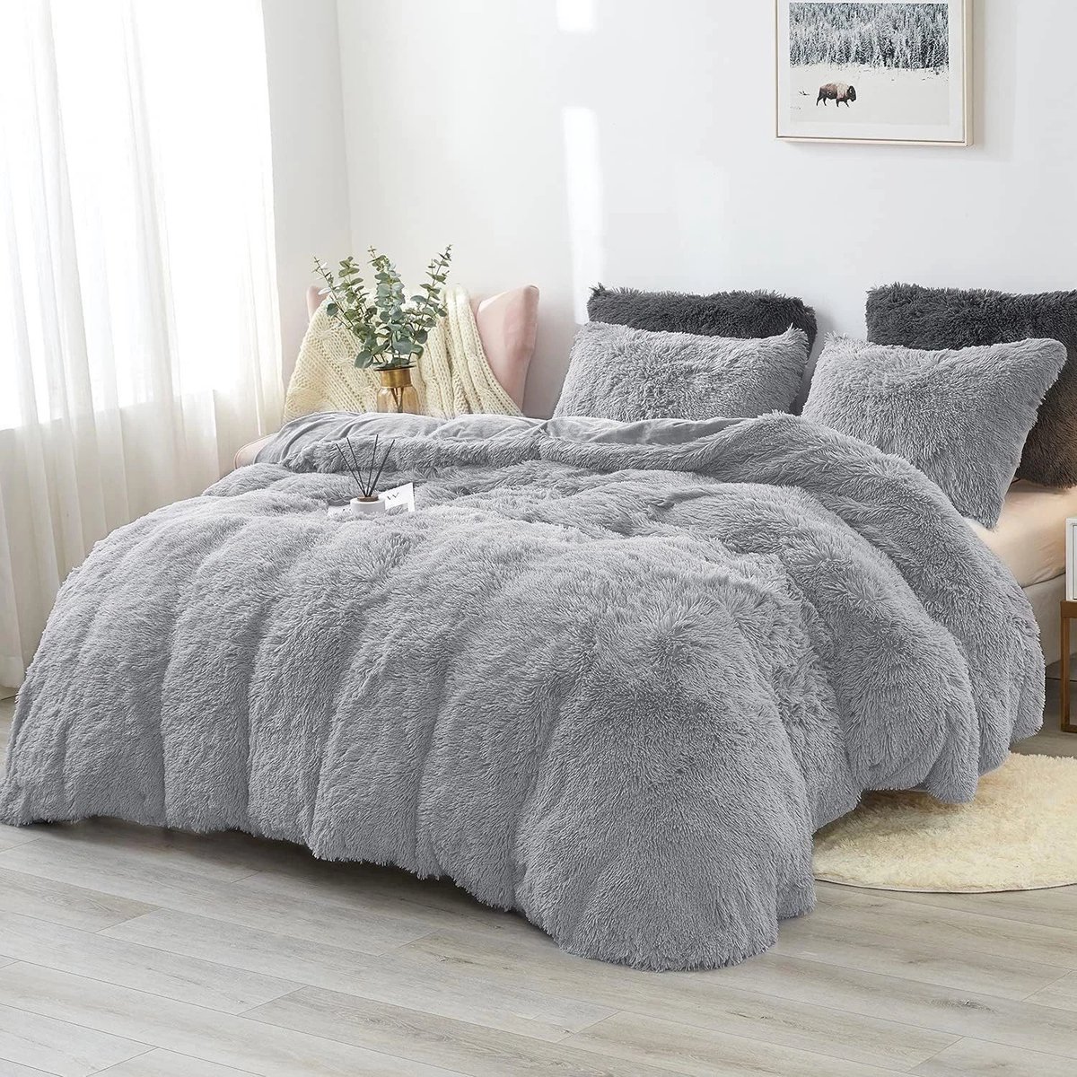 LUCKICE Beddengoedset Pluche Beddengoed 200x200cm Extra Zachte Kunstbont Flanellen Dekbedovertrek met Kussensloop 80x80cm en Ritssluiting