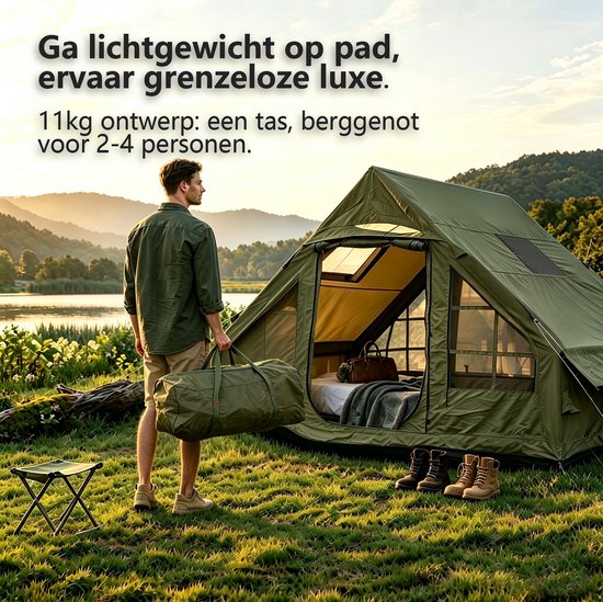 Norvikx Opblaasbare Glampingtent 3-4 Personen - 300x210x200 cm - Luxe Opblaastent met Luchtframe & Handpomp - Waterafstotend 300D Oxford & PVC Kuipzeil - Dubbele Deur, Klamboe Gaasramen & Schoorsteenopening - Legergroen — afbeelding 4