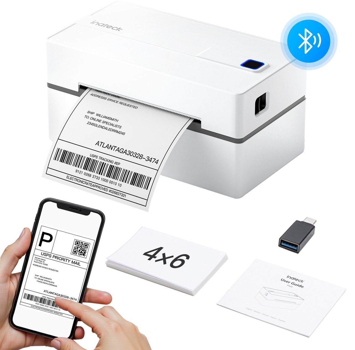 Inateck PR40 Labelprinter - Thermische Printer - Etikettprinter - USB & Bluetooth Verbinding - 4x6 Labelprinter voor Verzendlabels - Verzendlabel Printer PostNL & DHL + verzendetiketten