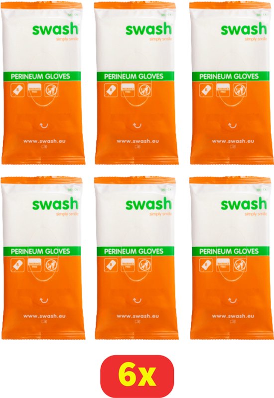 Zes verpakkingen Swash Perineum Gloves met witte bovenzijde en oranje onderzijde. Met logo en tekst.