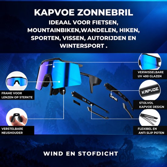 Kapvoe sportbril met blauwe lens, afgebroken in onderdelen: frame, vier lenzen, neushouder, veren.