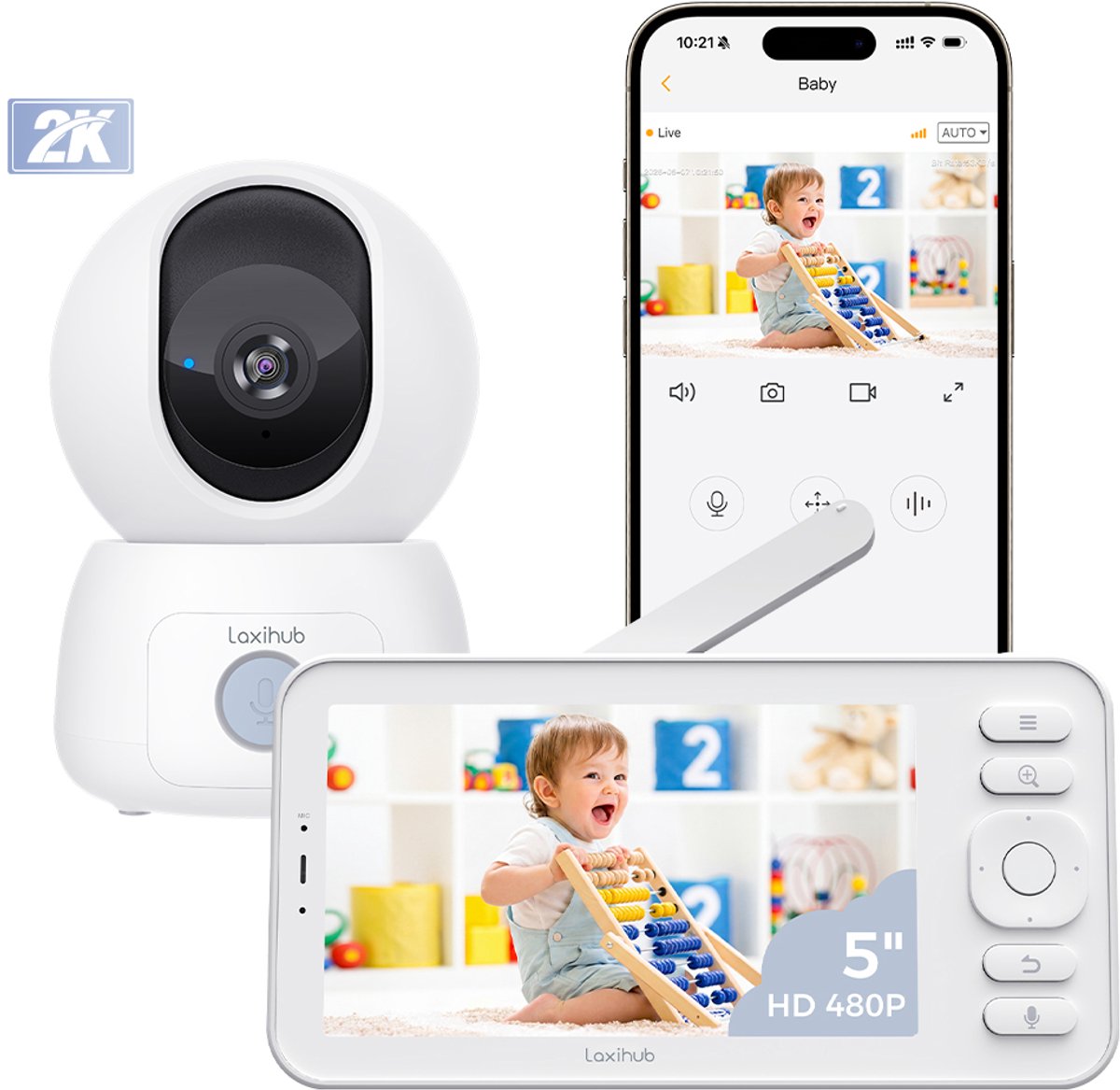 Laxihub AINANNY C3 Kit Wifi Baby Monitor - Babyfoon met Camera - Babyfoon met 5 Inch Scherm - Full HD-Resolutie - Arenti App Slaapliedjes & Temperatuur - Alexa & Google thumbnail 2