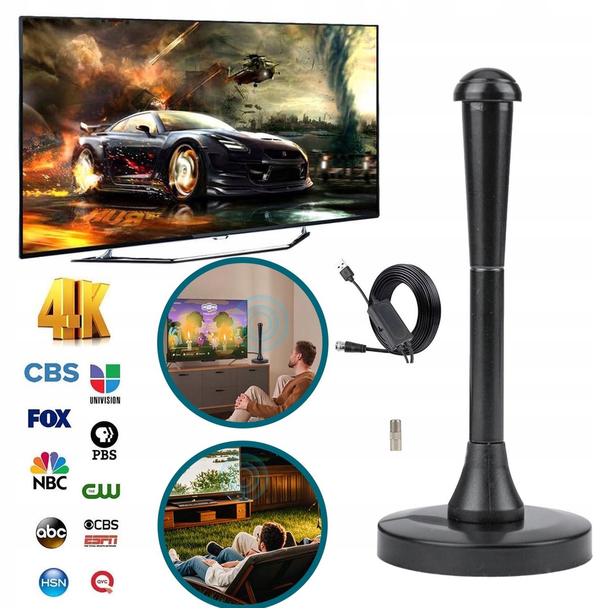 450 km Bereik En 35 dB Boost – Binnenantenne Voor HDTV Met Smart IC En 5 Meter Kabel – Drievoudig Afgeschermd En 4K 1080p En FM-Radio – Compact 15 cm – Zwart