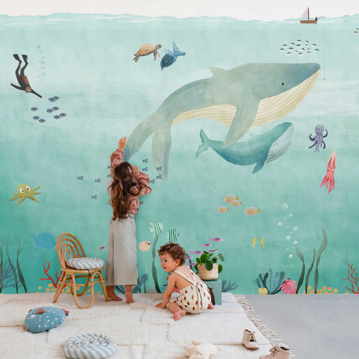 MIMI'Lou Kinderbehang Panorama Behang Walvis Grote Oceaan 400 x 250 cm