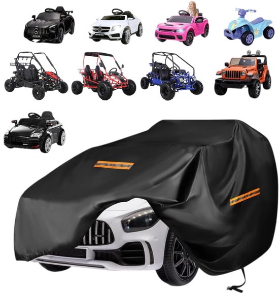 Zwarte afdekhoes voor kinderauto's met reflecterende strips, 140 x 84 x 81 cm. Toont diverse kinderauto's en skelters.