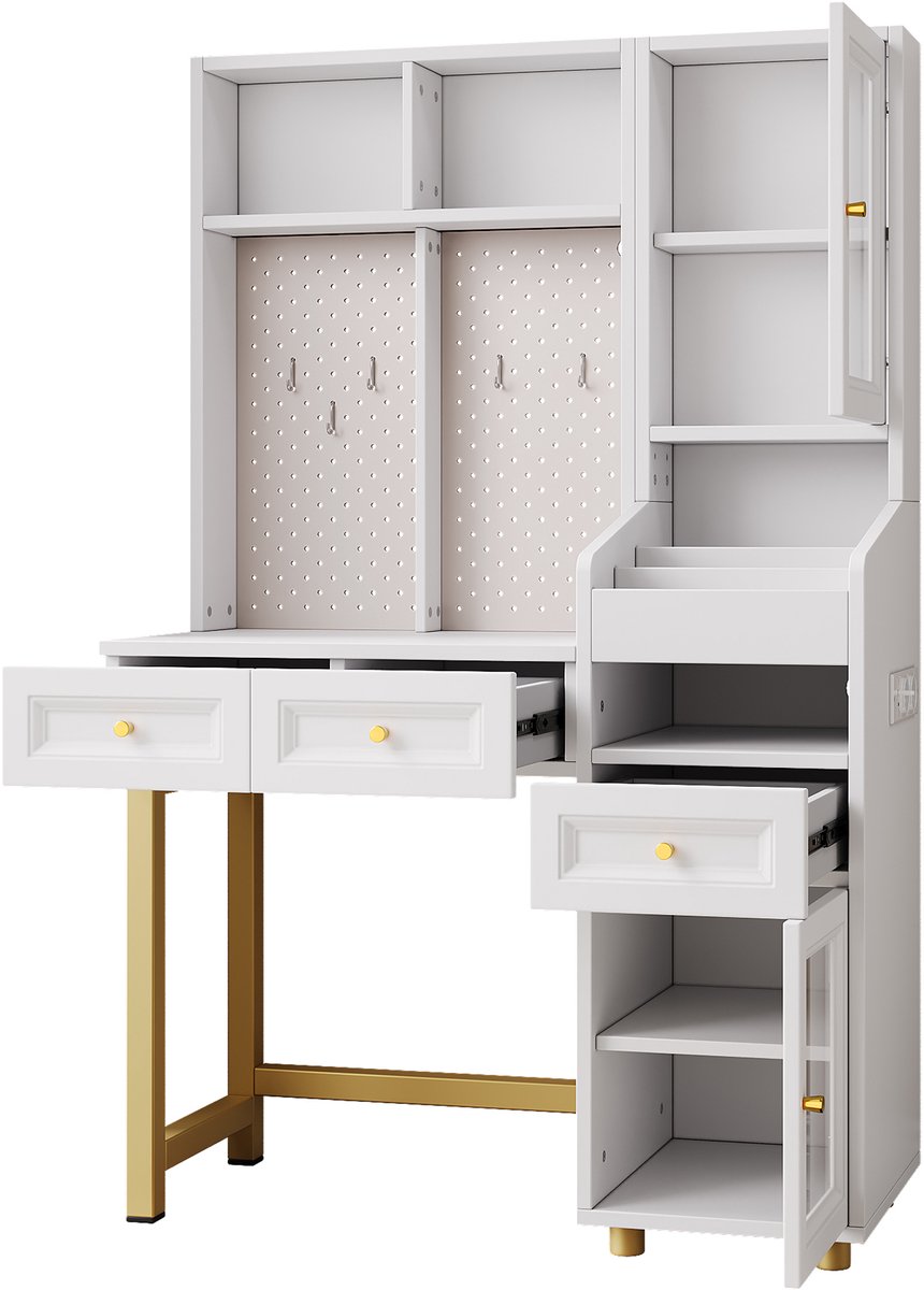Kaptafel Met Ledverlichting - Multifunctionele Kaptafel En Bureau - Drie Lades En Opbergruimte - Voor Slaapkamer En Werkkamer - Wit MDF