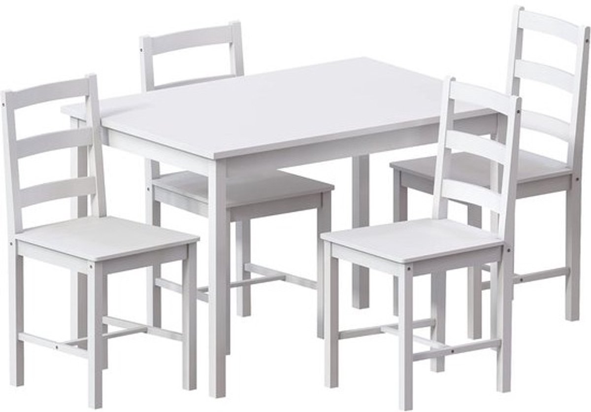 Eetkamerset - Tafel met stoelen - Gezellig tafelen - Compact design - Voor 4 personen - Wit