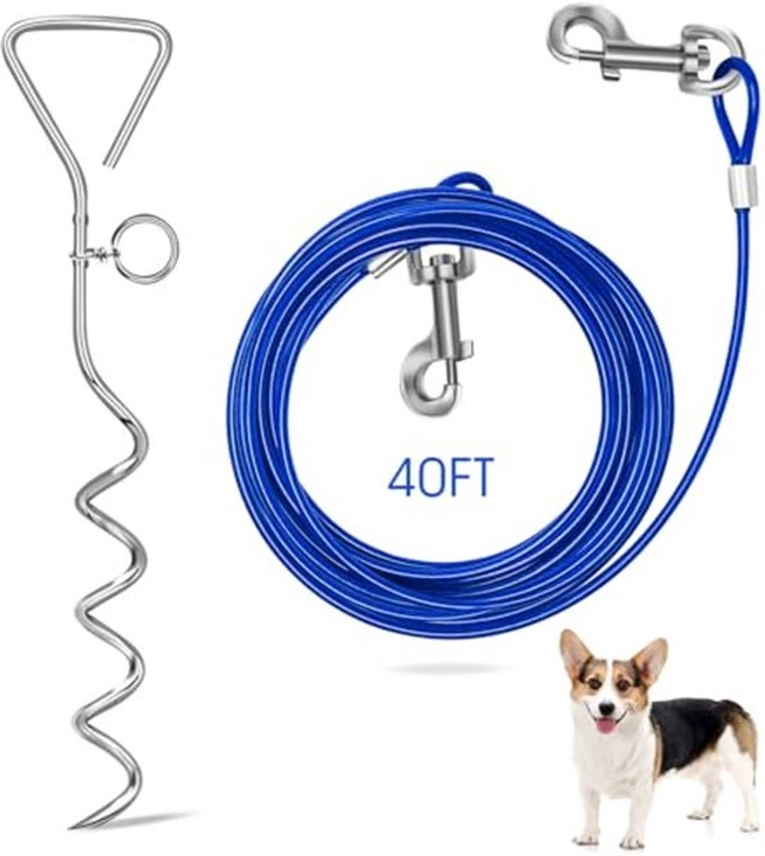 Outdoor hondenriem voor tuintraining - 40m hondenbindkabel met zware ankerpaal voor kleine en middelgrote honden