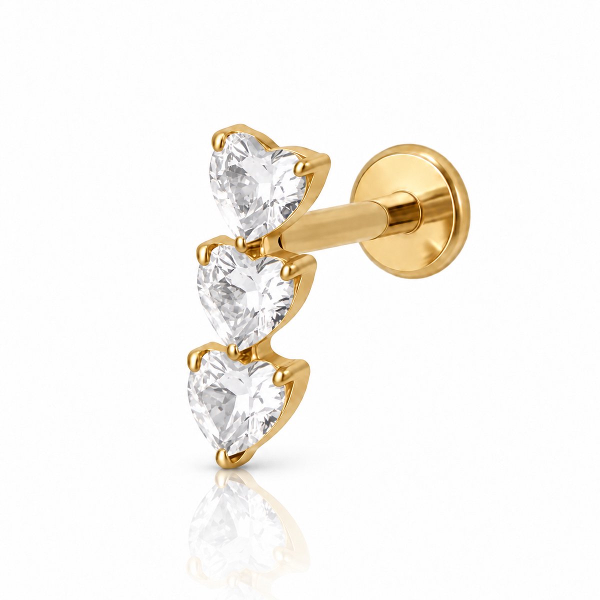 Maevi® Piercing voor Oor - Kleur: Goud - Formaat: 1.2 x 8 MM - Titanium - Tragus / Kraakbeen / Helix / Conch - Oorpiercing - Piercing Sieraad - Hoge Kwaliteit - Labret Piercing - Luxe Sieraad - Oorbellen - 3 Hartjes / Hearts - Incl. Luxe Verpakking