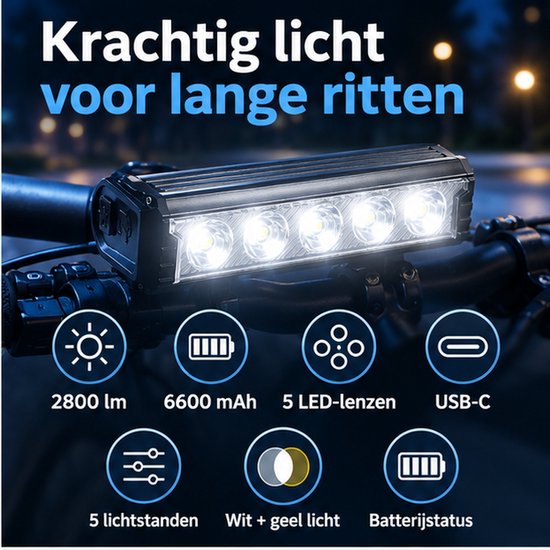 Cloudy - Fietslamp Voorlicht 2800 Lumen – 5 LED – USB-C Oplaadbaar – 6600mAh – 5 Lichtstanden – Batterijindicator – Wit/Geel Licht — afbeelding 2