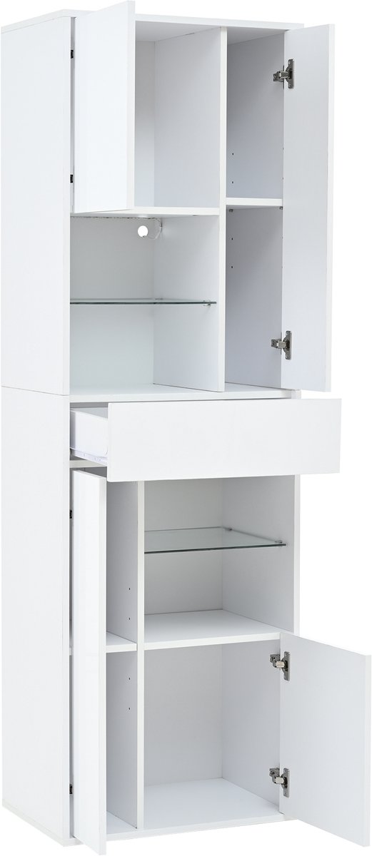 Vitrinekast - Hoge Witte Vitrinekast Met LEDverlichting - 1 Lade En 4 Kasten - Glazen Planken - Voor Woonkamer - Spaanplaat - 55 x 38 x 170 cm
