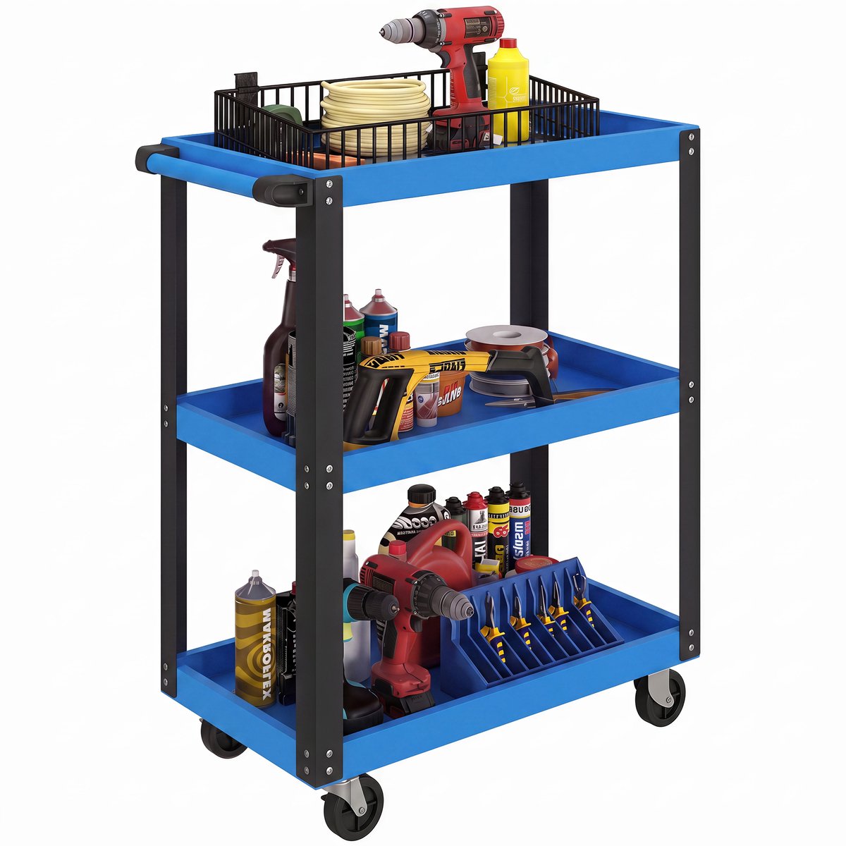 Gereedschapswagen met 3 schappen, wielen en handgrepen voor thuiswerkplaats, draagvermogen 120 kg, blauw en zwart