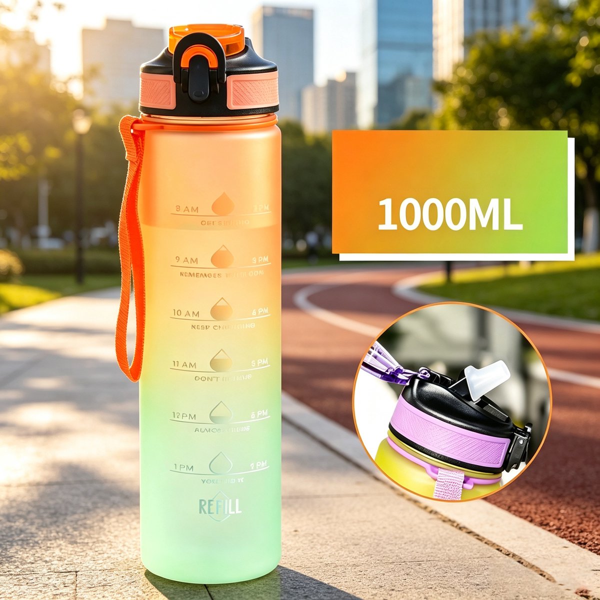Sportwaterfles 1000 ml met drinktijdindicator en rietje met draaghandvat lekvrij BPA-vrij en gifvrij blijf gehydrateerd afmetingen 7,5 x 29 cm kleurverloop oranje