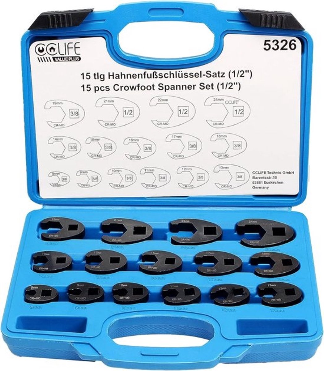 Dopsleutelset - Vierkante bits - Voor moeilijk bereikbare plaatsen - Chroom-molybdeenstaal - 8-24 mm - 15-delig