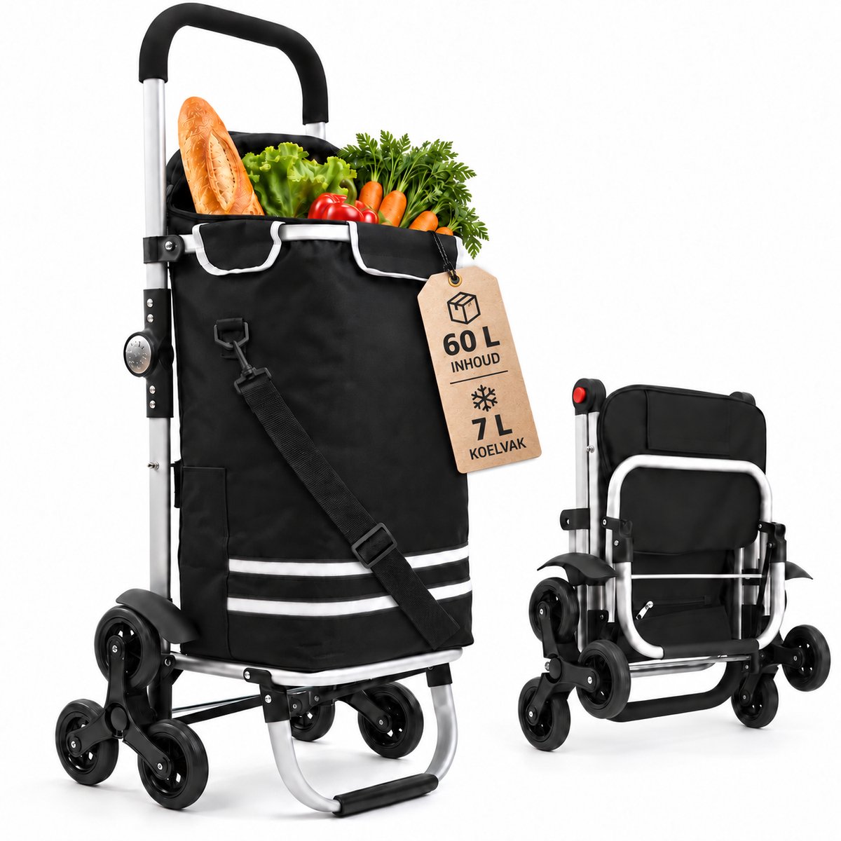 Bol.com Latium Boodschappentrolley 60L met Koelvak - Traploper - Boodschappenkar Opvouwbaar - Afneembare Tas - 3 Wielen - Steekw... aanbieding