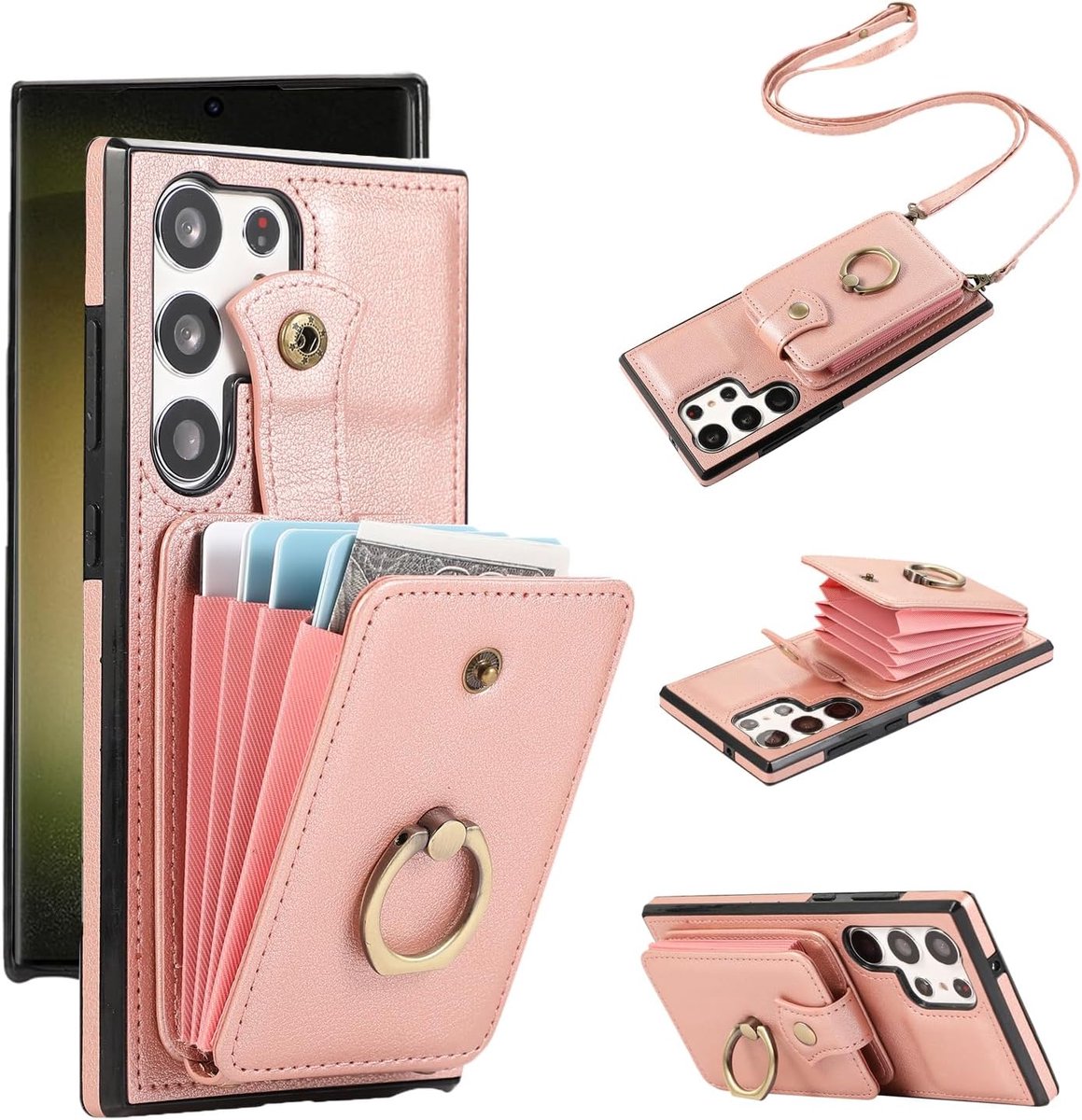 Hoes voor mobiele telefoon voor Samsung Galaxy S23 Ultra 5G, hoes met band, ring, standaard, kaartenvak, inklapbare portemonnee, telefoonhoes S23Ultra 23S S 23 23 Ultra mobiele