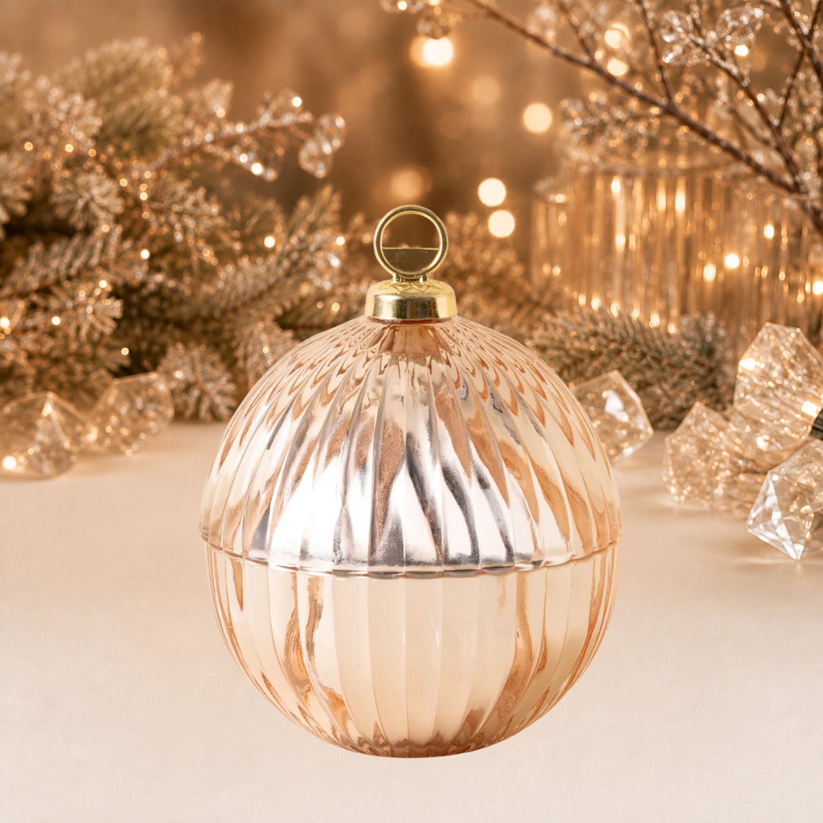 Luxe Glazen Kerstbal Geurkaars met deksel - Roségoud - Knisperende Houten Lont – Limited Edition – Dierproefvrij - Handgemaakt - Geïnspireerd op Rituelen of Light