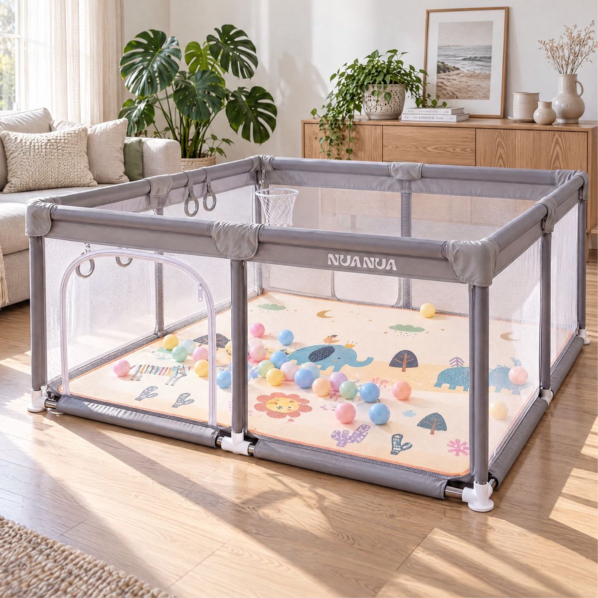 NUANUA Grondbox XL - 150 x 180 cm Baby Park - Kinderbox met Foam Speelmat - Speelbox en Accessoires - Playpen voor Baby - Parc Bebe en Kruipbox - Grondpark Grijs