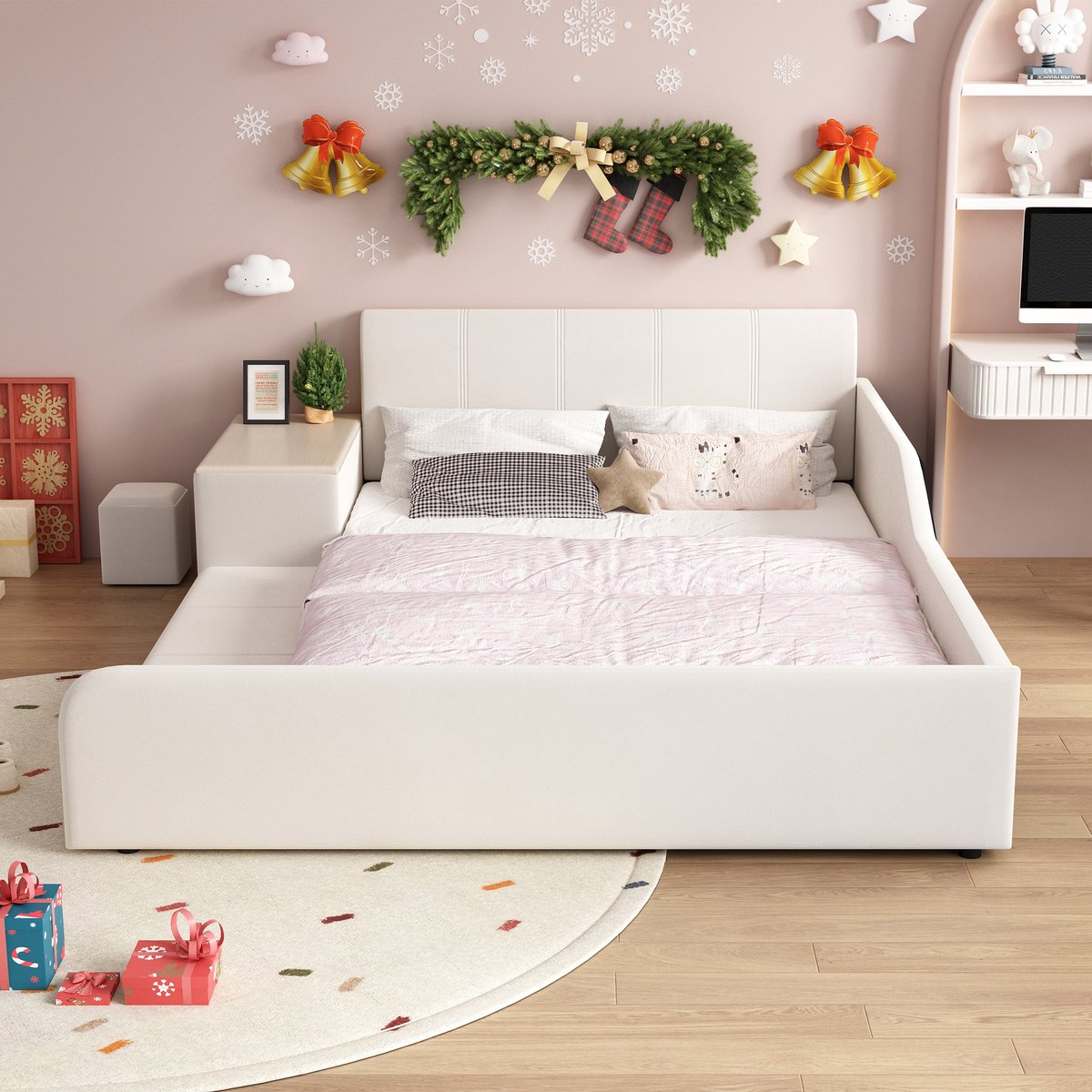 Gestoffeerd bed 140x200 cm - met kinderbureau en krukje - met opbergplank - kinderbed - wit